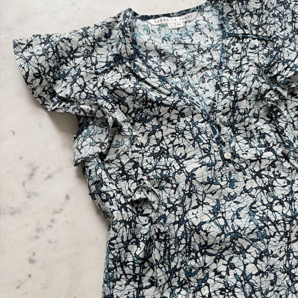 Veronica‎ Beard Joi Batik Cotton Ruffle Blouse Blue Floral Size 0